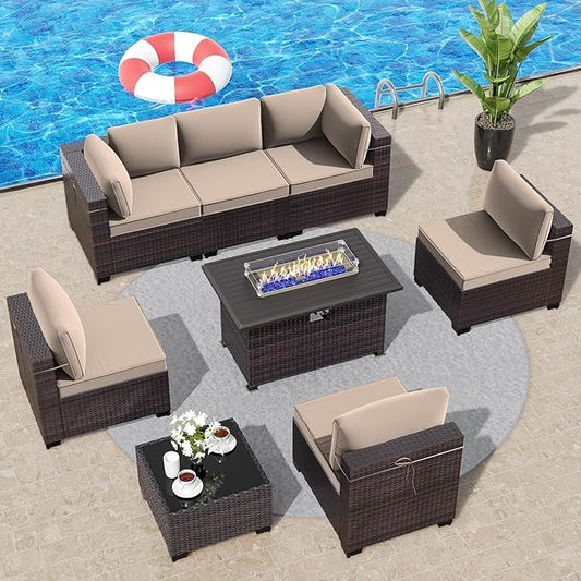 8 Pieces Outdoor Patio Furniture Set,Outdoor Sectional Furniture with 43" 55000 BTU Gas Propane Fire Pit Table,All Weather PE Rattan Wicker Patio Conversation Set,Sand