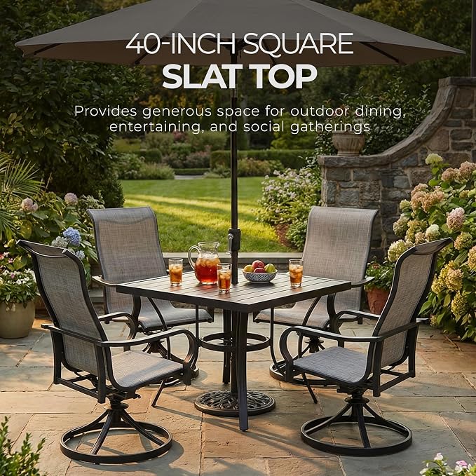 Four Seasons Courtyard Palermo Aluminum Slat Top Outdoor Square Patio Bistro Dining Table with Umbrella Hole and Tapered Leg Design, Gray