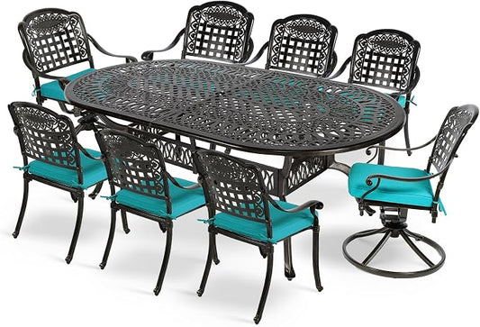 MEETWARM 9-Piece Outdoor Patio Dining Set, All-Weather Cast Aluminum Patio Conversation Set with 6 Stationary, 2 Swivel Rocker Chairs, 1 Oval Table, 8 Cushions, 2" Umbrella Hole, Ocean Blue