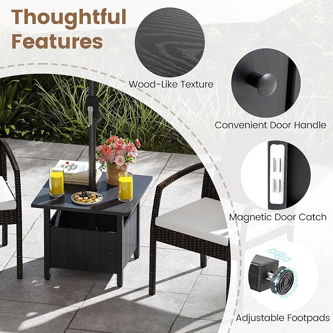 HAPPYGRILL Patio Square Umbrella Table with 2 Weight Bags, Metal Side Table with Umbrella Hole & Adjusting Knobs, for Backyard Poolside Deck (1)