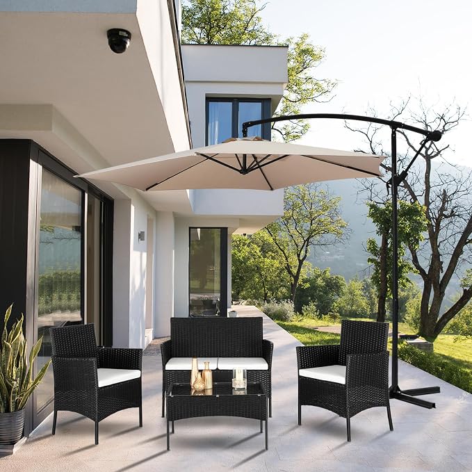 4 Piece Outdoor Patio Furniture Set, Wicker Rattan Patio Conversation Set with Loveseat Soft Cushion and Coffee Table for Garden, Backyard, Balcony, Porch, Yard and Poolside, Black