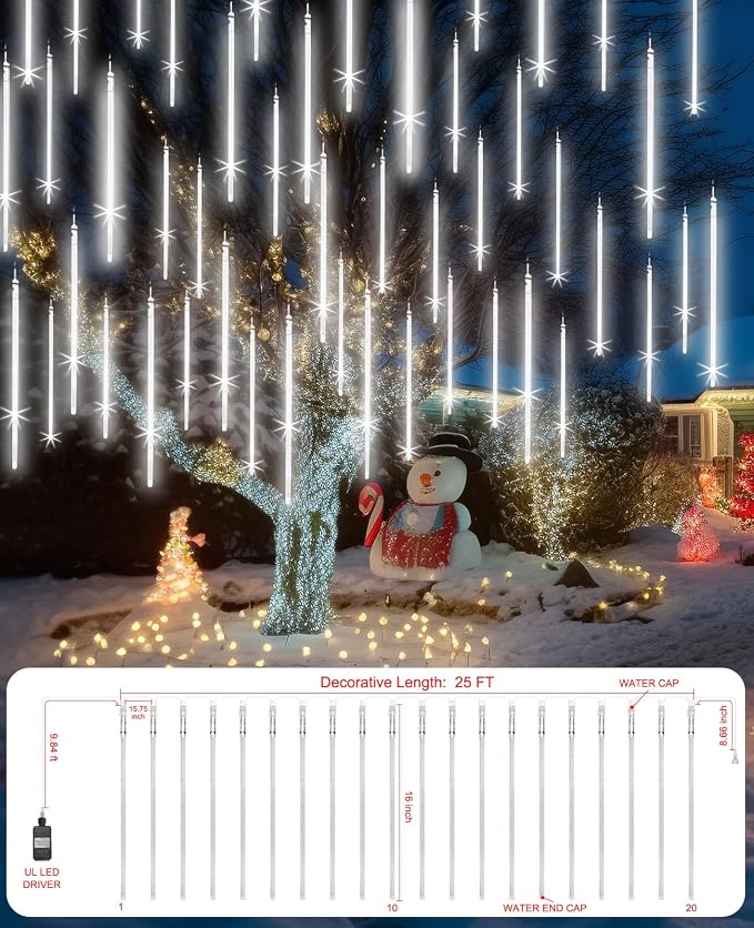 Christmas Rain Lights Outdoor 16 Inch 20 Tubes,Shine White | Waterproof Meteor Shower Falling Icicle String Lighting for Xmas Tree Yard House Decor Thanksgiving New Year Holiday Decor