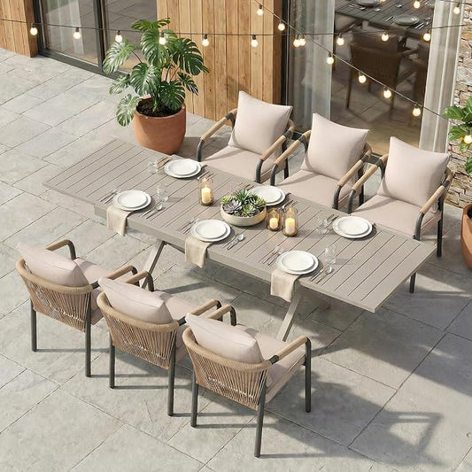 SUNSITT 7 Piece Outdoor Patio Dining Set, 65" - 107" Metal Expandable Outdoor Dining Table with X-Shape Legs, 6 Woven Wicker Patio Chairs w/Curved Backrest for Garden, Flaxen