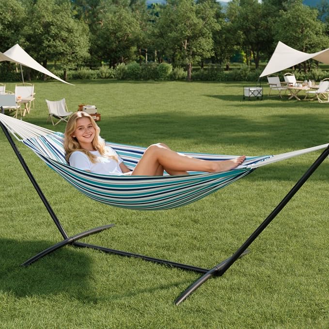 GarveeHome Double Hammock with Stand - Heavy Duty 450lbs Capacity, Portable Cotton Hammock for Two Adults, Indoor & Outdoor Use with Travel Bag, Ocean Stripe Pattern