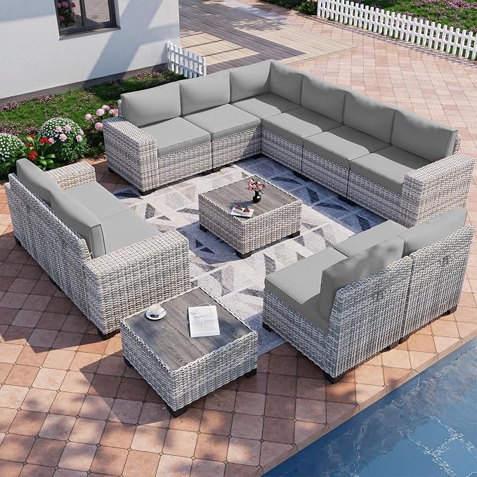 12-Piece Outdoor Patio Furniture Set Wicker Sectional Sofa Set, Patio Conversation Set with Thickened Cushions & Side Table for Patio, Garden, Backyard, Grey