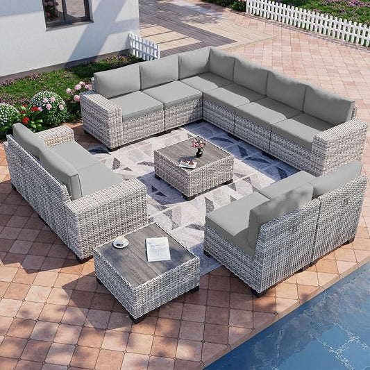 12-Piece Outdoor Patio Furniture Set Wicker Sectional Sofa Set, Patio Conversation Set with Thickened Cushions & Side Table for Patio, Garden, Backyard, Grey