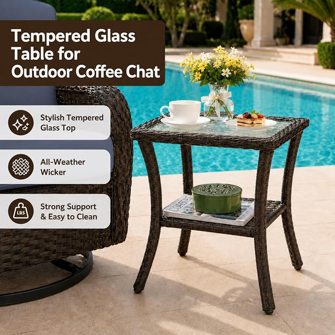 HUMMUH 3-Piece Swivel Rocking Rattan Chair Outdoor, Patio Bistro Furniture Conversation Set with Cover,Cushioned Wicker Chair with Glass Coffee Table(Brown, Blue)