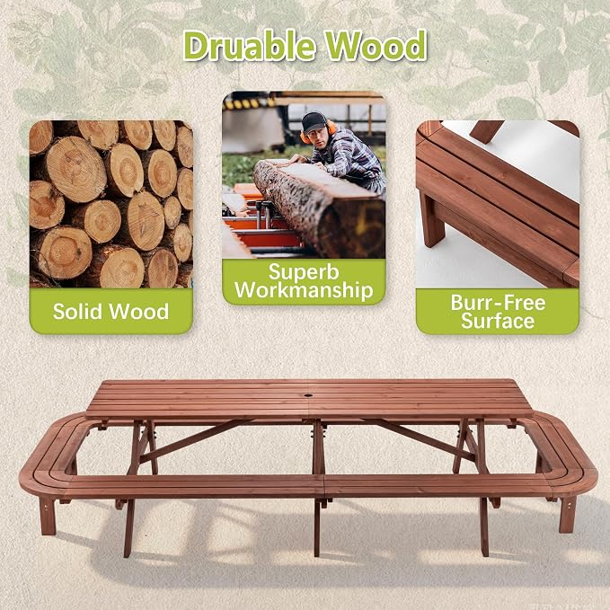 ZeHuoGe Picnic Table with Benches for 14-16 Persons, Nearly 8-Foot Long Outdoor Wooden Rectangle Table for Patio, Garden, Backyard, Large Outside Dining Set with Umbrella Hole