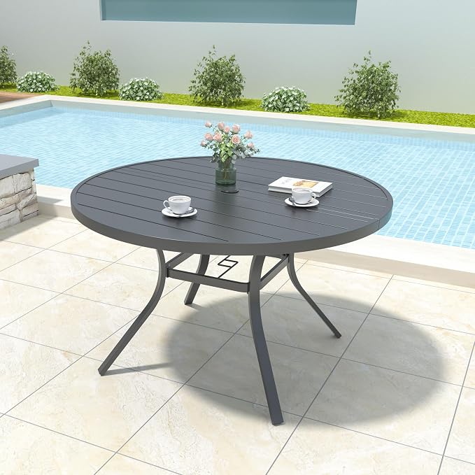 Anmutig 7 Piece Patio Dining Set 48 Inch Round Table Stackable Chairs Brown | Powder-Coated Steel Frame, Quick-Dry Textilene Mesh, Dual-Size Umbrella Hole, Weather Resistant, Patio, Garden, Backyard