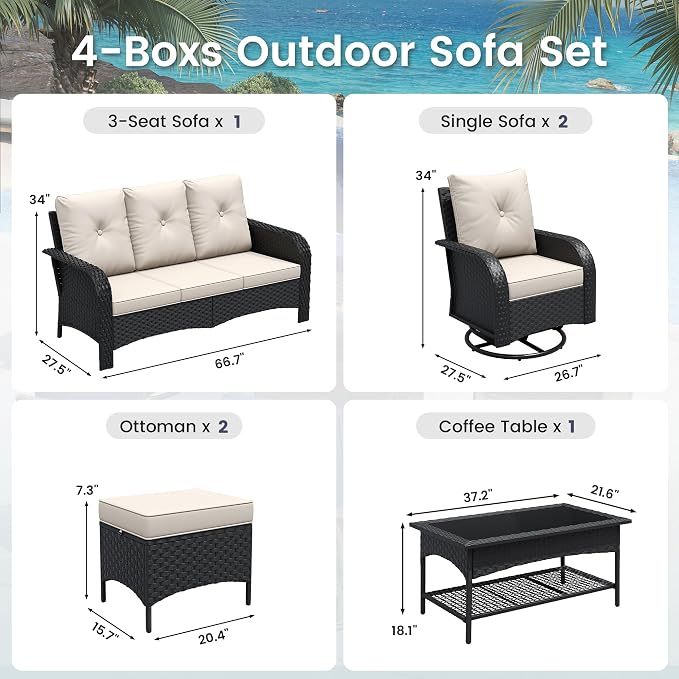 UDPATIO High Back Patio Furniture Set with 2 Swivel Rocker Chairs, Wicker Outdoor Conversation Sets with Thick Cushions & Ottoman, for Garden, Porch