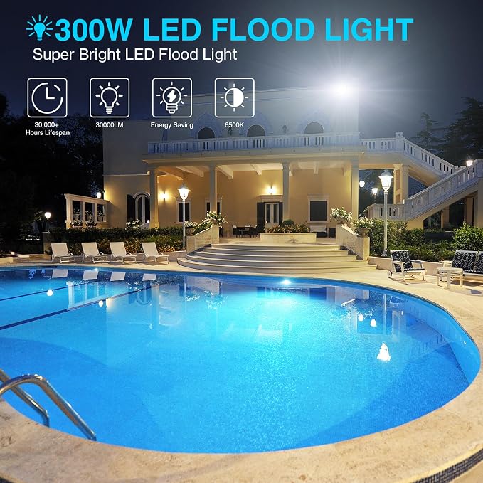 Olafus 2 Pack 300W LED Flood Light Outdoor, Super Bright Outside Floodlights with Plug, IP66 Waterproof 6500K Daylight White Exterior Security Light for Yard Stadium Lawn Barn