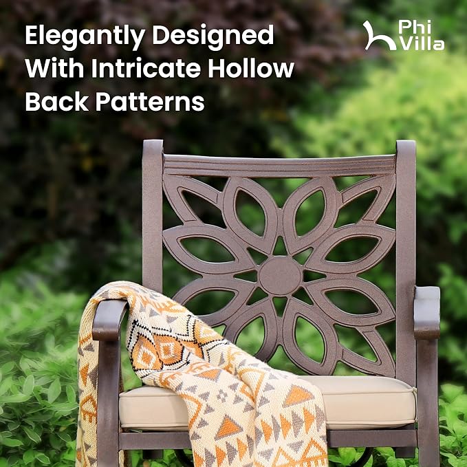 PHI VILLA Patio Dining Set, Swivel Chairs, Cast Aluminum Table | Cast Aluminum chairs, Bronze (Swivel Chairs), 2.3 umbrella hole, 360° swivel, rocking, Cushions, E-coated