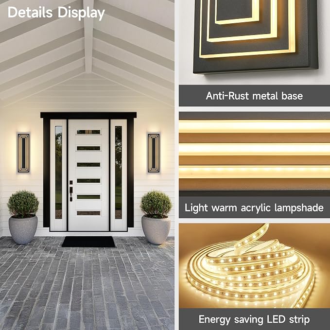 Outdoor Wall Lights,3-ier Large Exterior Lighting Fixtures 23.6 in | Modern Outdoor Wall Sconce For Front Porch,Garage, Waterproof LED 3000K Warm White 36W Light Bead, 360° Angle,1 Pack