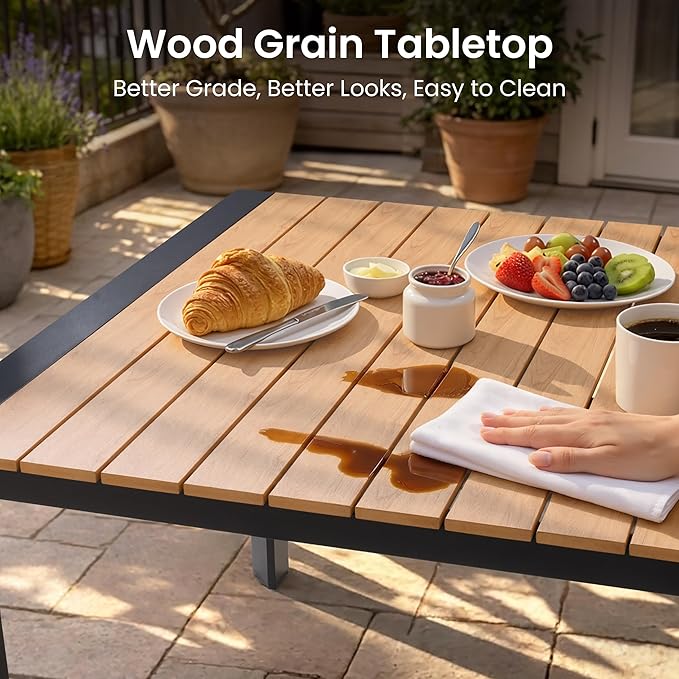 Crestlive Outdoor Dining Table for 8, Patio Table with Umbrella Hole, Aluminum Frame & WPC Wood-Like Tabletop Ideal for Garden, Backyard, and Indoor