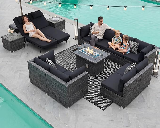 NICESOUL 13 Piece Patio Set with Fire Pit Table, 500 lbs High Weight Capacity Large Outdoor Sectional with Fire Pit & Chaise Lounge, 29.3'' High Back Patio Sectional Deep Seating Grey & Black