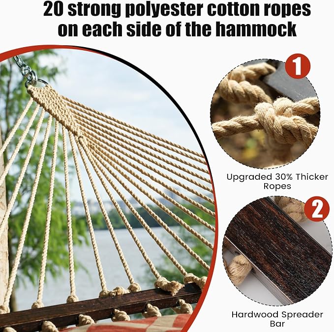 13FT Double Hammock With Spreader Bars - 600 lbs Capacity, Detachable Pillow, Heavy Duty Hanging Tree Design for Outside, Patio, Garden, Backyard, Beach, and Poolside