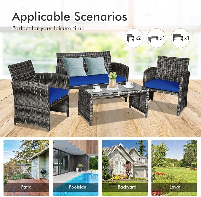 Outdoor Conversation Set, 8 Pieces Wicker Patio Chair Set with Ergonomic Curved Design, Water-Resistant Cushion & Tempered Glass Table for Balcony,Porch(Navy Blue)