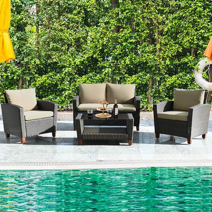 Tangkula 4 Piece Patio Rattan Furniture Set, Outdoor Wicker Conversation Set with Seat & Back Cushion,and Tempered Glass Coffee Table with Shelf, for Porch, Poolside, Backyard, Garden