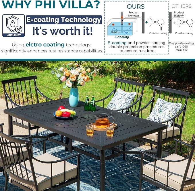 PHI VILLA Patio Dining Set, Swivel Chairs, 64" Steel Table | Metal chairs, Fixed & Swivel Chair, 1.57" umbrella hole, 360° swivel, Cushions, 300 lb chair capacity