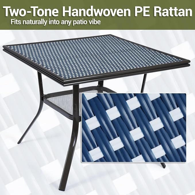 35.2" Outdoor Dining Table for 4 Person, Square Patio Dining Bistro Table with Sturdy Metal Frame & Adjustable Foot Pads for Garden, Backyard and Porch, Partitioned Storage Rack, Blue