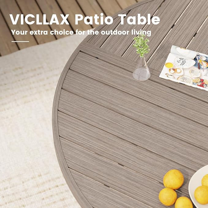 VICLLAX 60" Round Outdoor Table, Patio Dining Table for 8-10 with Umbrella Hole for Garden Lawn Deck Backyard, Antique Grey