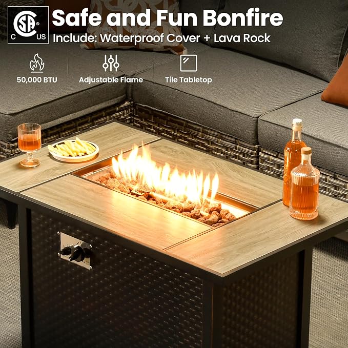 ovios 9-Piece Patio Furniture Set with L-Shape Sofa Chaise, Outdoor Sectional Couch Swivel Gliders Fire Pit Table, Modern Modular Wicker Rattan Conversation Set, Dark Grey