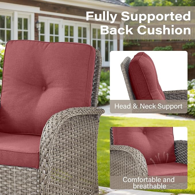 Belord Wicker Outdoor Furniture Set - 7 Piece Patio Conversation Sets with Comfort Swivel Rocker Glider Patio Chairs Set of 2 and Rattan Sofa, Tempered Glass Coffee Table and Side Table,Gray/Red