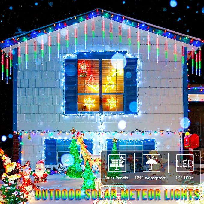 JMEXSUSS Multicolor Solar Meteor Shower Rain Lights, 8 Tube 144 LEDs | Solar Christmas Lights, Led Falling Rain Christmas Light for Xmas Tree Wedding Holiday Party Patio Decoration