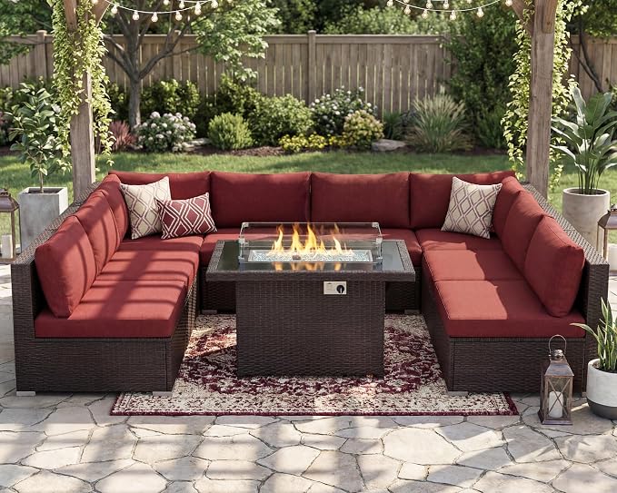 BULEXYARD 9 Piece High Back Outdoor Sectional Couch Set with Fire Pit, Luxury Weather-Resistant Patio Furniture Set, Comfy Extra Large 8-Person Backyard Seating Group L-Shape for Exterior, Brown & Red