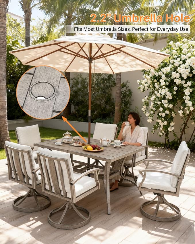 Patio Dining Table for 6, Never Rusts Outdoor Dining Table with Umbrella Hole, 59.8" x 35.8" Rectangle Patio Table, 6 Person Aluminum Outdoor Patio Table for Deck, Garden Poolside, Limed Oak