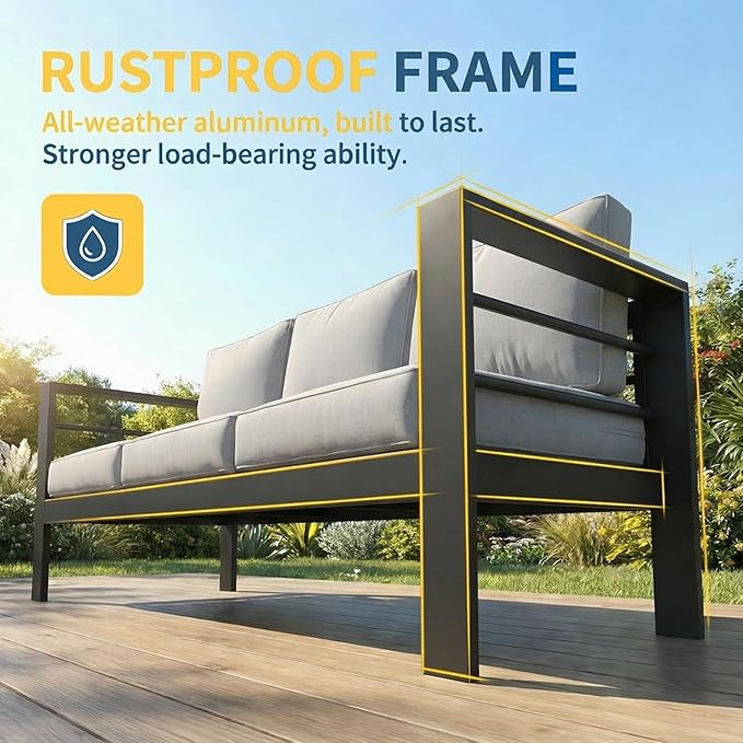 Solaste Aluminum Patio Furniture Set for All Weather, Oversized Metal Outdoor Furniture Set with 27.5" Deep Seating and Wide Armrest, Outdoor Loveseat Sofa with 10" Back Suport Cushion，Black and Gray