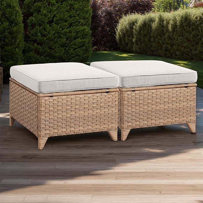 Rilyson Luxury Outdoor Wicker Patio Ottomans Set of 2, 250 lbs Capacity Rattan Large Ottomans for Patio Footrest Set 22.8in*22.8in*14in with 3.5in Thick Cushion (Yellow/Beige)