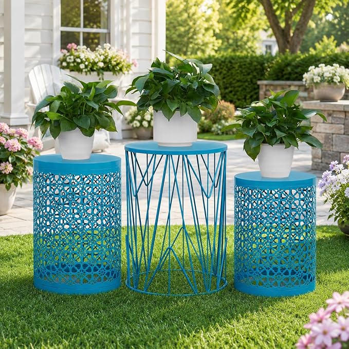 Y&M Outdoor Side Tables, Set of 3 Metal Stacking Patio Side Tables for Outside, Round Indoor End Tables, Coffee Accent Poolside Tables for Patio Garden Balcony, Blue