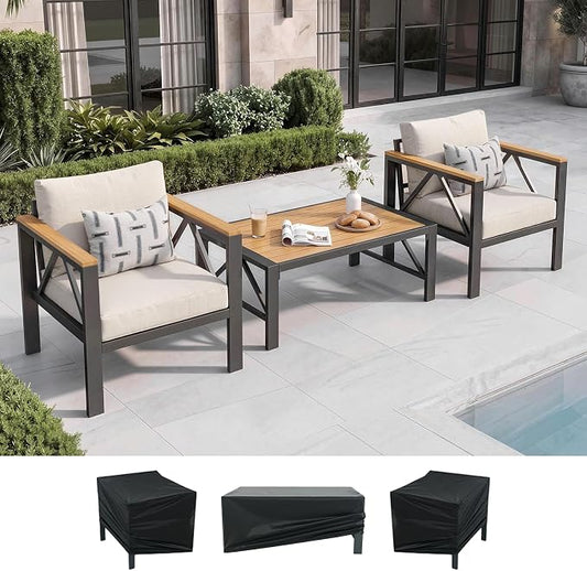 INGEROOM 3 Piece Aluminum Outdoor Patio Furniture Set with Waterproof Cover, 2 Chairs & Coffee Table, Metal Patio Conversation Set for Porch, Balcony, Deck, Garden, Oatmeal