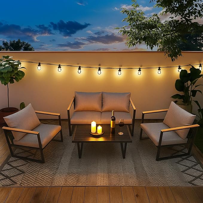 Outvita Outdoor Patio Furniture Set, 4 Pieces Patio Furniture with Coffee Table Set, Metal Conversation Sets with Wood Armrest & Removable Washable Cushions for Balcony, Deck and Poolside