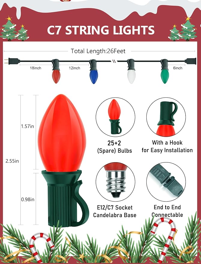 C7 Multicolor Christmas Lights Outdoor, 26Ft Vintage 5W Incandescent Christmas String Lights with 27 Ceramic Light Bulbs, Hanging Old Fashioned Xmas Decor Lights for Party Holiday Backyard Wedding