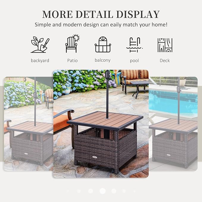 Outsunny 22" Outdoor Side Table with Umbrella Hole, Rattan Wicker End Table with Sand Bag and Steel Frame for Patio, Garden, Backyard, Brown & Light Yellow