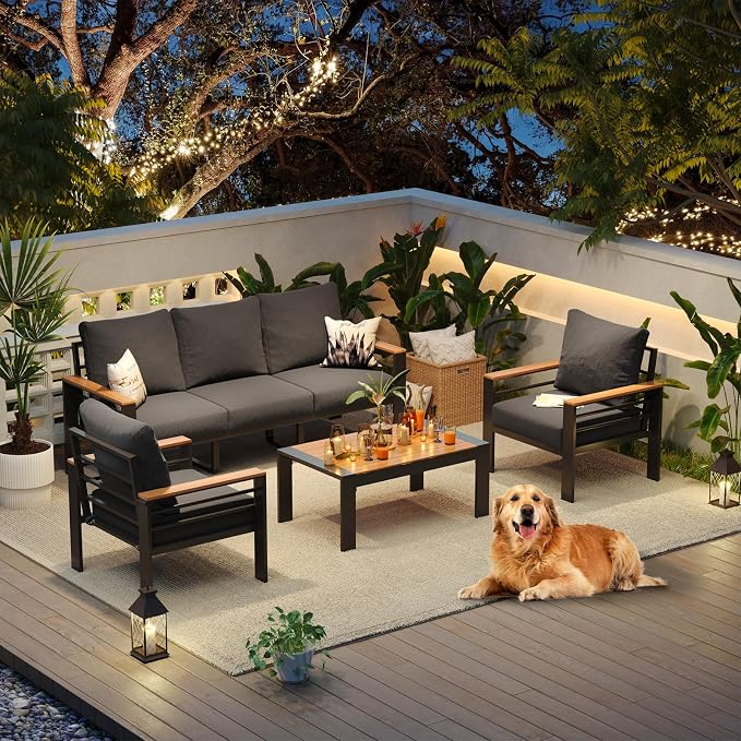 Aoxun Aluminum Patio Furniture Set 5 Seats, Oversized Outdoor Sectional with Washable Thick Cushions, Coffee Table, Patio Conversation Sets for Porch, Balcony, Deck
