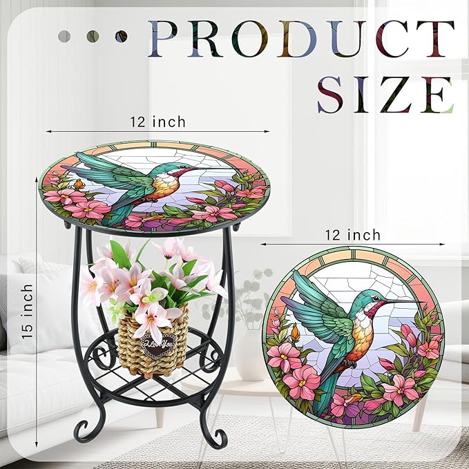 Cinnvoice Outdoor Side Table Round Small Mosaic Patio Accent Indoor End Plant Coffee Tea Table for Yard Patio Porch Garden Living Room, Bedroom(Hummingbird Style,12 Inch)