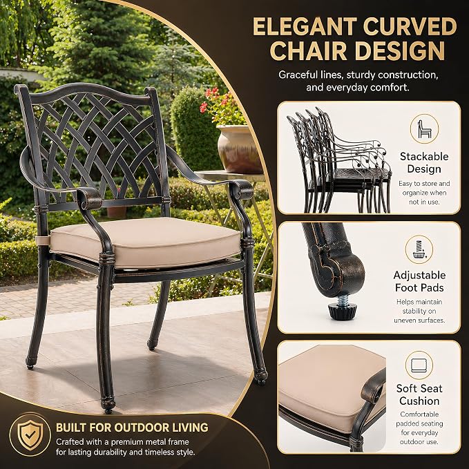 7 Piece Outdoor Dining Set Cast Aluminum, Retro Patio Dining Set for 6 Includes 59” Rectangular Table with Thicker Cushions and Umbrella Hole for Patio Deck Garden