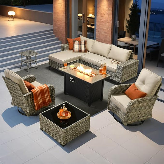 Outdoor Sectional Patio Furniture Set with Fire Pit Table,8 Pieces Wicker Conversation Sets L Shaped Couch,Extra Deep Out Door Sofa Outside Furniture with Swivel Chairs,Beige
