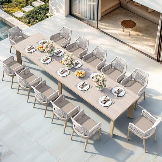PURPLE LEAF 13 Pieces Patio Dining Set Aluminum Modern Rectangular Table and Rattan Arm Chairs with Cushions for Kitchen Porch Garden Outdoor Furniture Sets, Champagne