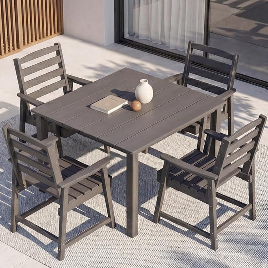 HDPE Outdoor Dining Set for 4, Armchairs, Grey | All-Weather HDPE, Wood Grain Finish, 42.5" Square Table, Built-In Umbrella Hole, Seats 4, Patio & Poolside Ready