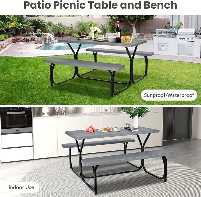 Picnic Table, Camping Portable Picnic Table Bench Set for 4 Persons, Heavy-Duty Steel Frame & Resin Tabletop, All Weather Outdoor Picnic Tables for Patio Travel BBQ Party Garden (Grey)