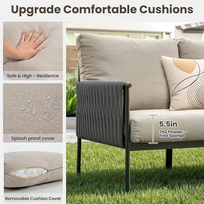 Pamapic 7-Piece Woven Rope Outdoor Furniture Set, Iron Frame Patio Conversation Set with Thick Cushions & 2 Coffee Tables, All-Weather Sectional Patio Furniture Set for Backyard, Porch, Grey