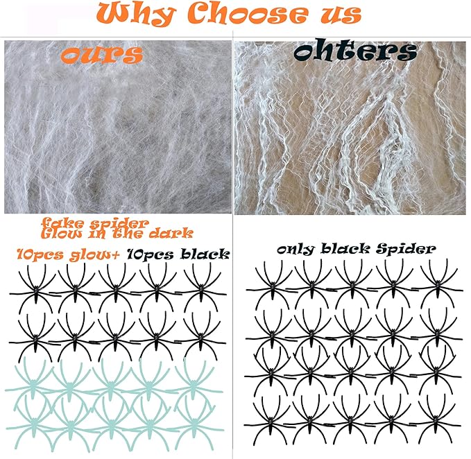 300 Sqft Halloween Spider Web Decorations, with 10 Glow and 10 Black Fake Spiders, Halloween Decorations Outdoor Large Stretch Spider Web Cobwebs Indoor (300 sqft Web+20 Spider)