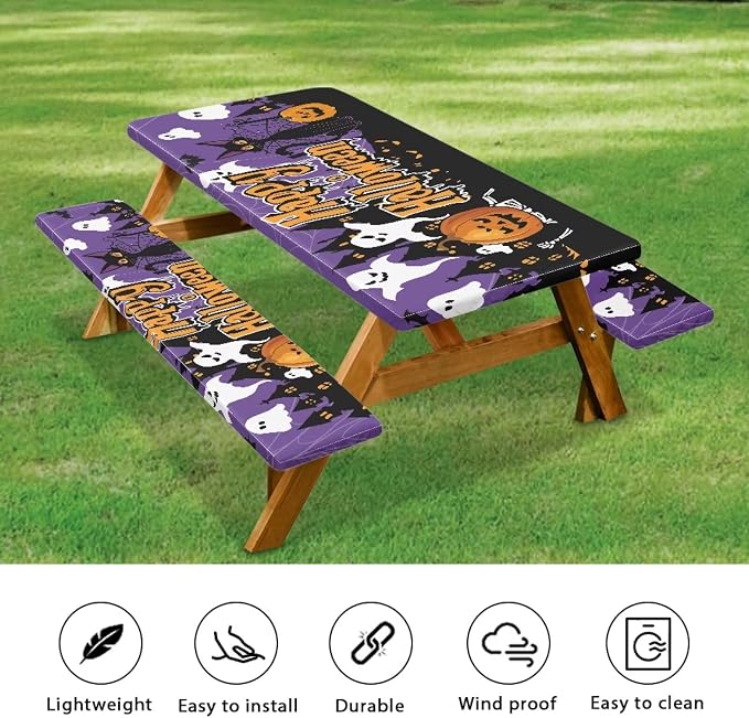 Halloween Pumpkin Picnic Table Cover with Bench Covers Washable Outdoor Camping Tablecloth Summer Abrasion Resistant Waterproof Picnic Table Cover 3 Piece Set