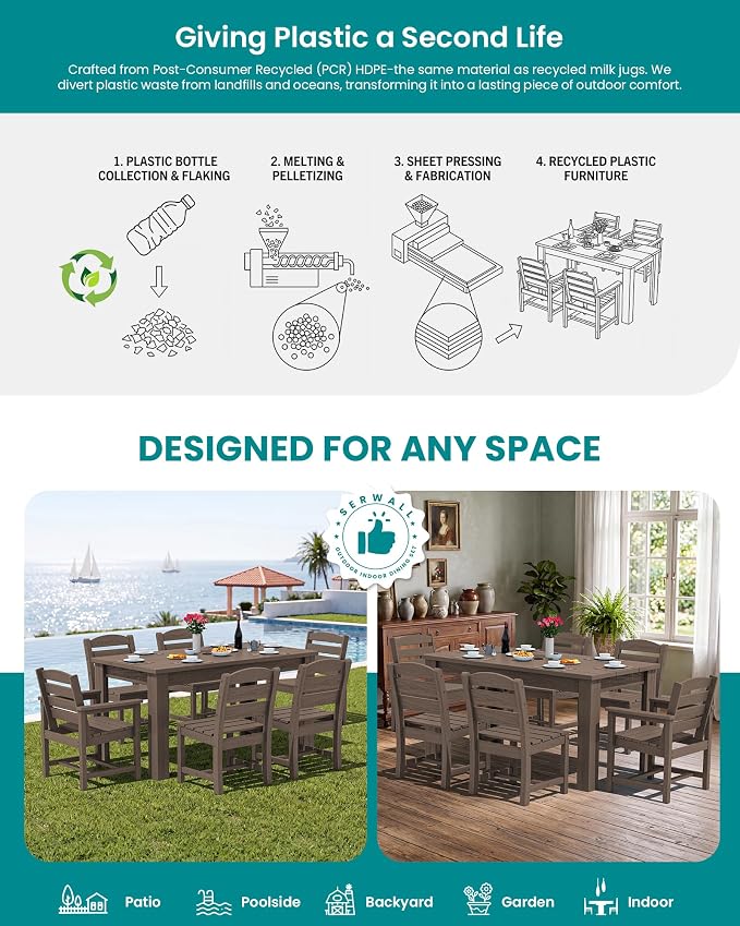 SERWALL 59" HDPE Patio Dining Set for 6, w/ 1 Table & 6 Armchairs, Coffee | All Weather Resistant HDPE Dining Sets for Patio, Garden, Backyard