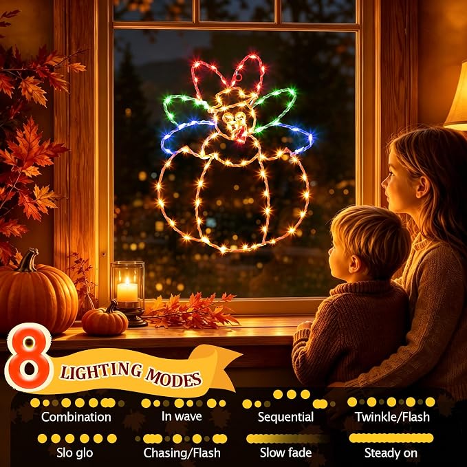 Hiboom Large Thanksgiving Turkey Pumpkin Window String Lights Decorations, Turkey String Light with Timer 8 Mode USB Powered for Fall Decor Home Party Indoor Outdoor(Yellow Red Green,16")