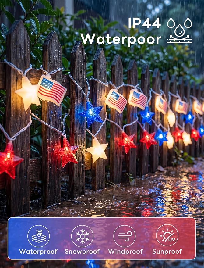 35 LED Red White Blue String Lights, 13.6FT 4th of July Decoration Lights with Patriotic Star & American flag Lights, Connectable Independence Day Lights for Window Home Patio Party Garden Decor